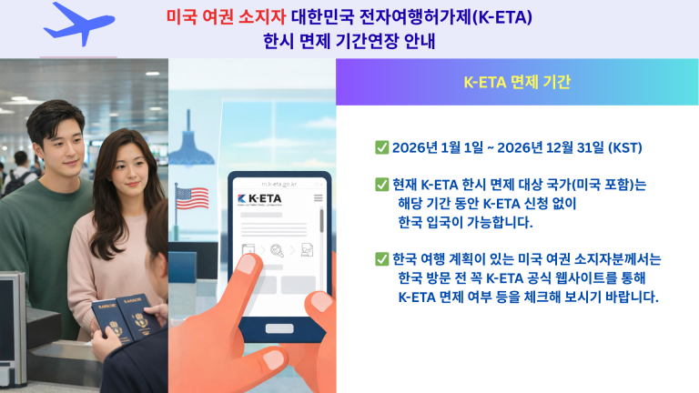 미국 여권 소지자 한국 K-ETA 면제 기간 연장 안내 이미지