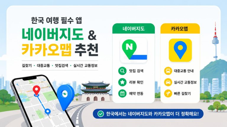 한국 여행 시 네이버지도와 카카오맵 사용 방법 안내 이미지