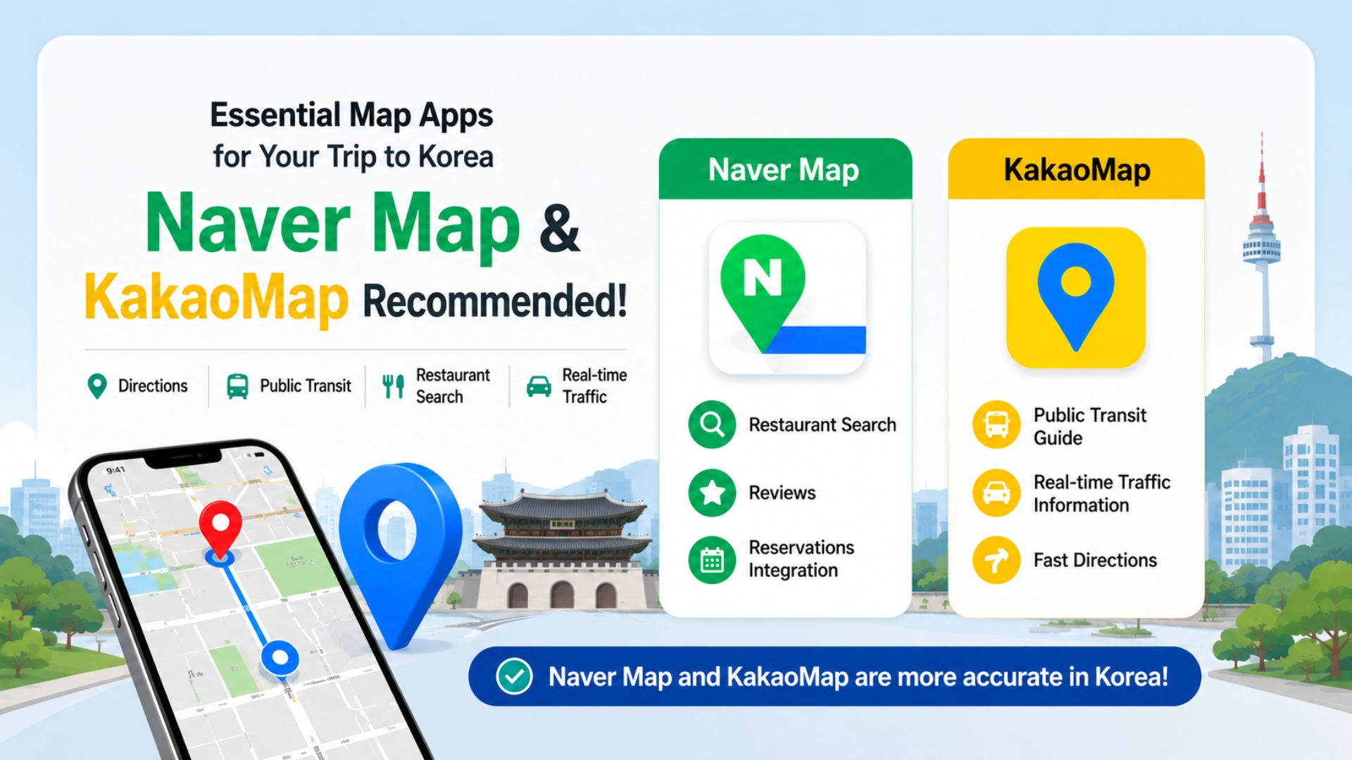 Guide image for using Naver Map and KakaoMap while traveling in Korea