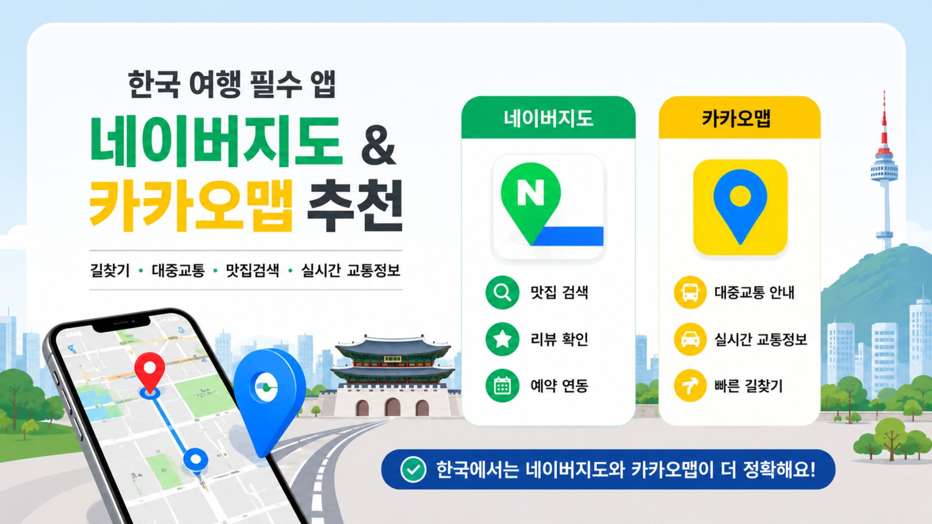 한국 여행 시 네이버지도와 카카오맵 사용 방법 안내 이미지