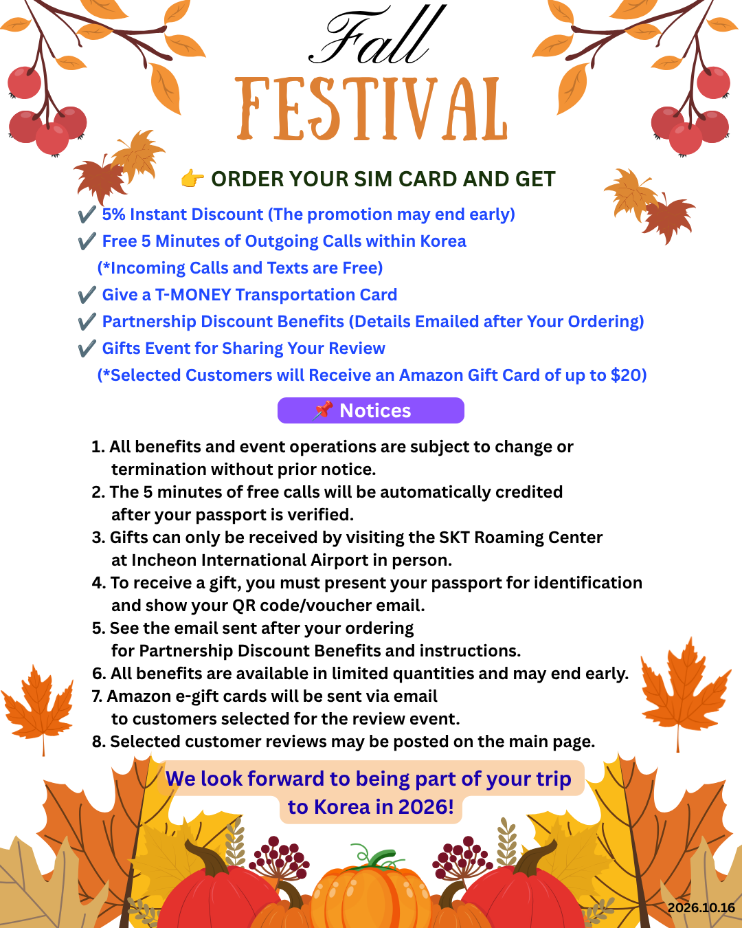 Y CONNECT KOREA Fall Festival promotion for Korea SIM and eSIM, featuring 5% instant discount, 5 free calling minutes, free T-MONEY card, and partner discounts.